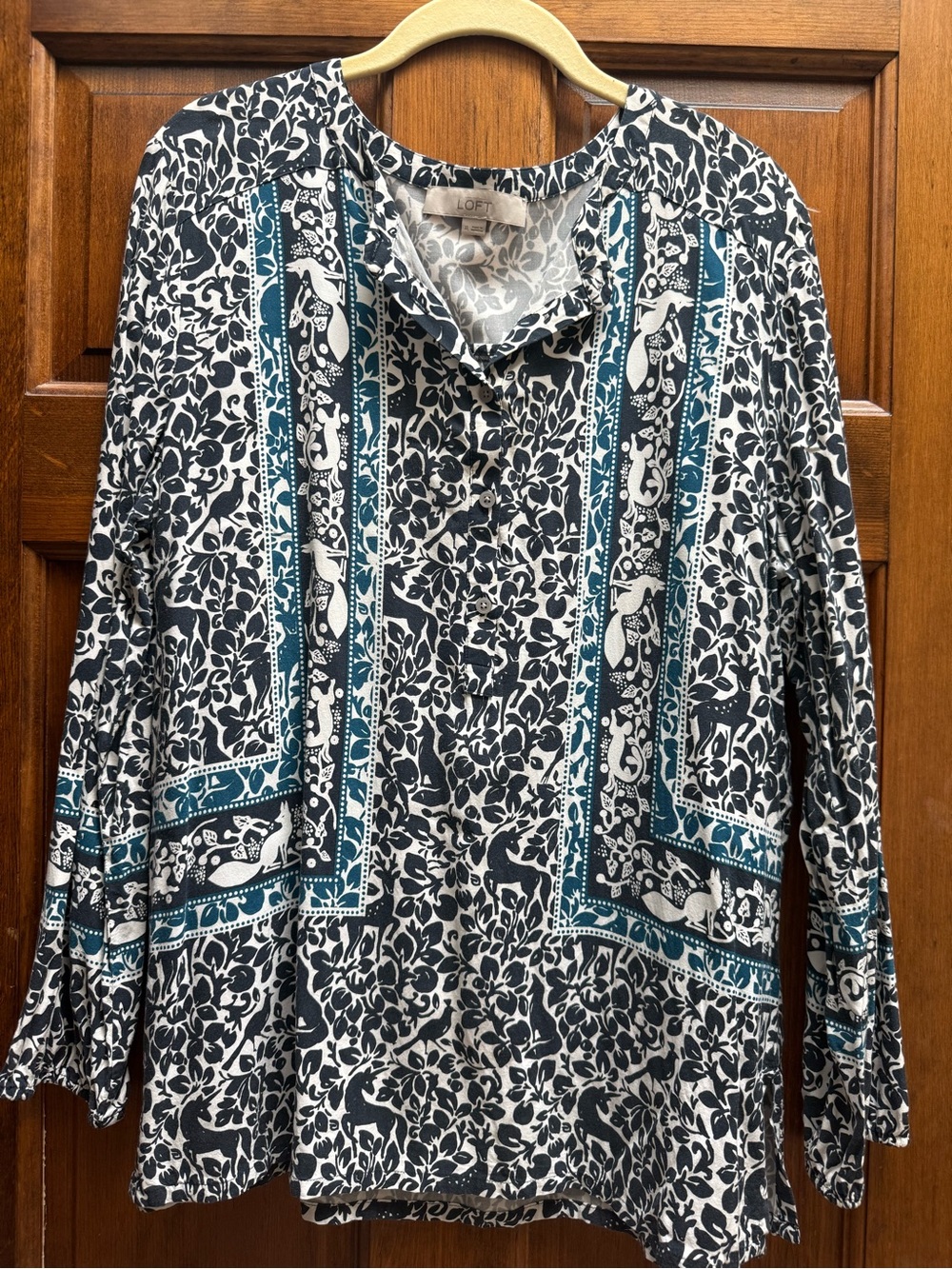 LOFT Teal, Black & White Printed Long-Sleeve Blouse